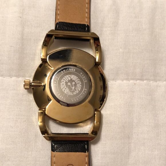 AK Gold Tone Rhinestone Wrist Watch Black Genuine Leather Strap main image 9